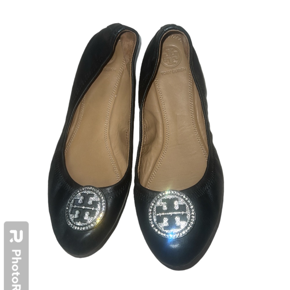 Tory Burch Black Flats with Silver Logo (size 8.5)